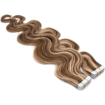 Příčesek 60cm Tape hair / pu extension / Tape IN lidské vlasy remy vlnité – tmavý melír