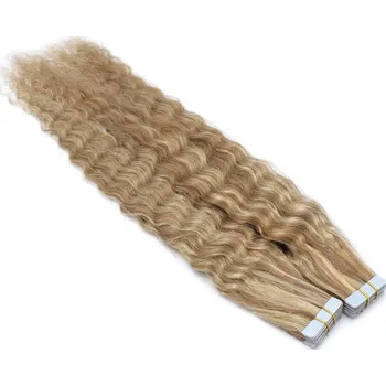 Příčesek 60cm Tape hair / pu extension / Tape IN lidské vlasy remy kudrnaté – světlý melír