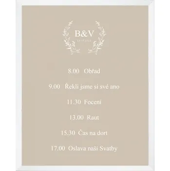 Svatební dekorace Svatební tabule HARMONOGRAM - KVÍTÍ Barva plakátu: Béžová, Rám: Bílá rám, Stojan a velikost plakátu: Bez stojanu - A4