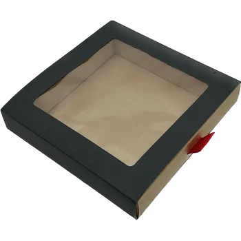 Krabička na výslužku Dárková krabička černá vysouvací s průhledným okénkem na sušenky a perníčky 19x19x3 cm