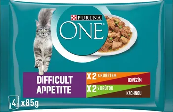Krmivo pro kočku Purina One Adult Difficult Appetite kuřecí/hovězí/krůtí/kachní 4x 85 g