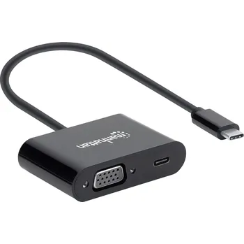 Manhattan USB 2.0 adaptér [1x USB-C® zástrčka - 1x USB-C® zásuvka (nabíjení), VGA zásuvka] 153430 20 cm oboustranně zapojitelná zástrčka, s nabíjecí zásuvkou