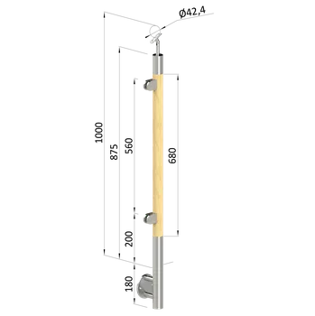 Zábradlí KOVIAN, s.r.o. Dřevěný sloup, boční kotvení, výplň: sklo, levý, vrch nastavitelný (ø42 mm), materiál: buk, broušený povrch s nátěrem BORI (bezbarvý)
