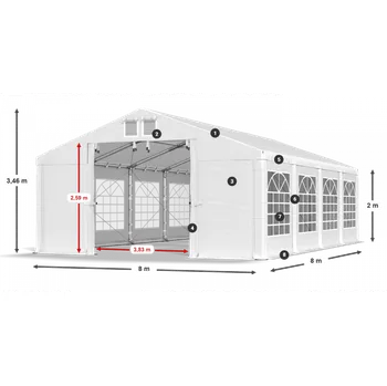 Zahradní stan Párty stan 8x8x2m střecha PVC 620g/m2 boky PVC 620g/m2 konstrukce ZIMA PLUS Bílá Bílá Bílá