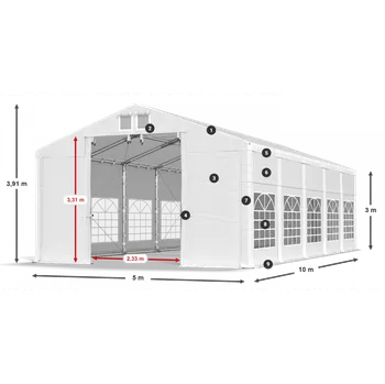 Zahradní stan Párty stan 5x10x3m střecha PVC 620g/m2 boky PVC 620g/m2 konstrukce ZIMA PLUS Šedá Bílá Zelená