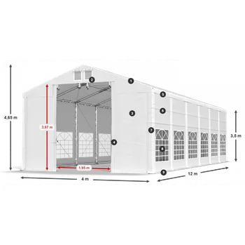 Zahradní stan Párty stan 4x12x3,5m střecha PVC 620g/m2 boky PVC 620g/m2 konstrukce ZIMA PLUS Šedá Bílá Bílá
