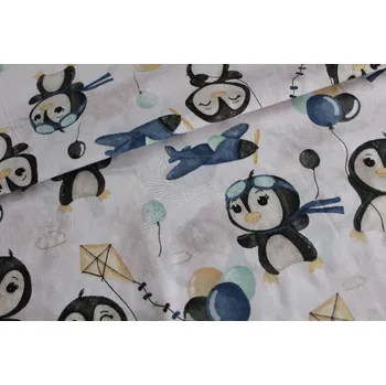 Tučňáci na bílé - modré letadlo - bavlněné plátno, šíře 160cm