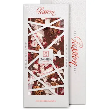 Čokoláda JANEK Mléčná čokoláda Passion 41,3% (pekany, lyofilizované maliny, kokos) 120 g
