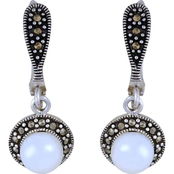 Náušnice Stříbrné náušnice s pravou perlou a markazity Ag 5,3 g