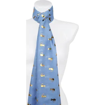 Šátek Dámský lehký obdélníkový šál 345-1 se zlatým potiskem koček, modré barvy 7200627-5