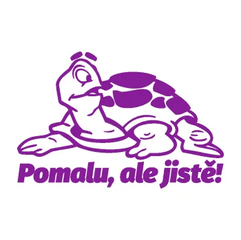 Polep vozidla SAMOLEPKA Pomalu, ale jistě! nápis se želvou (14 - fialová) NA AUTO, NÁLEPKA, FÓLIE, POLEP, TUNING, VLASTNÍ TEXT, TISK, AUTOSAMOLEPKY.cz, POLEPY, OBRÁZEK, LOGO, SAMOLEPKY