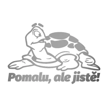 Polep vozidla SAMOLEPKA Pomalu, ale jistě! nápis se želvou (42 - stříbrná metalíza) NA AUTO, NÁLEPKA, FÓLIE, POLEP, TUNING, VLASTNÍ TEXT, TISK, AUTOSAMOLEPKY.cz, POLEPY, OBRÁZEK, LOGO, SAMOLEPKY