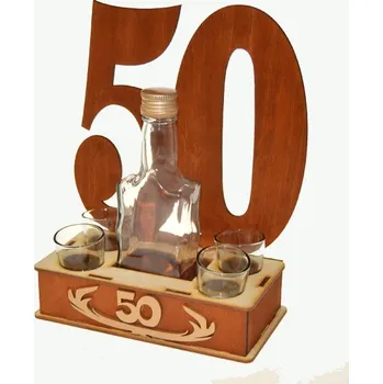 Žertovný předmět Dřevěný stojan s lahvičkou a štamprlíčkami s věkem 50