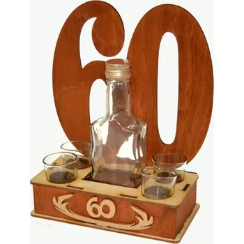 Žertovný předmět Dřevěný stojan s lahvičkou a štamprlíčkami s věkem 60