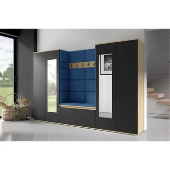 Předsíňová stěna Eka Předsíňová stěna s čalouněnými panely Trinity 10 - Dub Artisan s černou / Tmavá modrá 2331