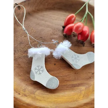Vánoční dekorace Vánoční dekorace dřevěná ponožky bílo stříbrná