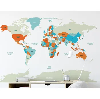 Samolepící dekorace FUGU Mapa světa na zeď oranžová - Samolepka na zeď - česky