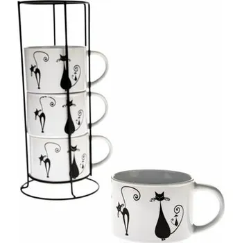 4dílná sada keramických šálků ve stojanu Kočka, bílá + černá