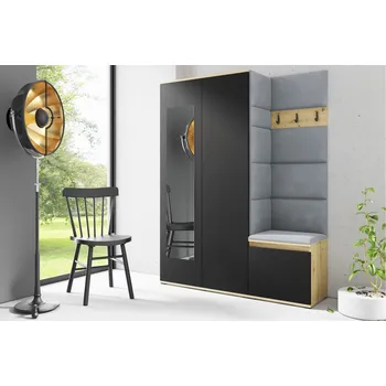 Předsíňová stěna Eka Předsíňová stěna s čalouněnými panely Trinity 11 - Dub Artisan s černou / Šedá 2314