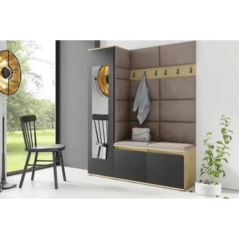 Předsíňová stěna Eka Předsíňová stěna s čalouněnými panely Trinity 14 - Dub Artisan s černou / Tmavá béžová 2305