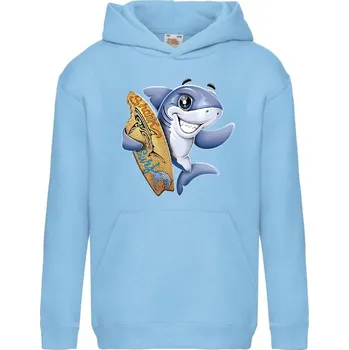 Chlapecká mikina detska_mikina_klokanka_potisk_zralok_surfar Barva: Sky blue - nebesky modrá, velikost: 128