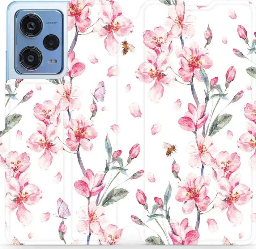 Flipové pouzdro Mobiwear - Xiaomi Redmi Note 12 Pro 5G - M124S Růžové květy (Knížkové flip pouzdro, obal, kryt na mobil Xiaomi Redmi Note 12 Pro 5G - M124S Růžové květy, materiál Umělá kůže + TPU - ochrana 360°, stojánek, silikonová vanička, magnetické)