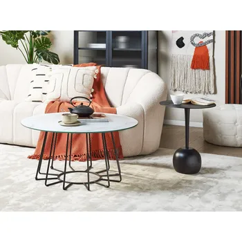 Konferenční stolek Konferenční stolek bílá stolová deska s mramorovým efektem černé kovové nohy glamour design Beliani