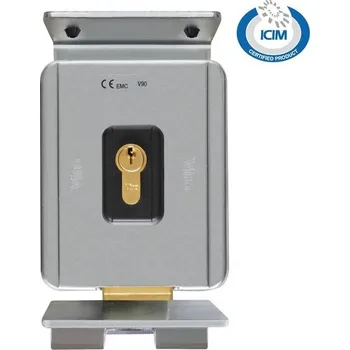 Pohon brány elektrický zámek V90 se stříškou vertikální, 12V AC - elektrozámek Viro s otáčivou závorou pro těžší dveře a manuální nebo automatické křídlové brány otevírané ven, pozinkovaný