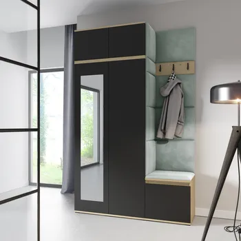 Předsíňová stěna Eka Předsíňová stěna s čalouněnými panely Trinity 20 - Dub Artisan s černou / Světlá zelená 2321