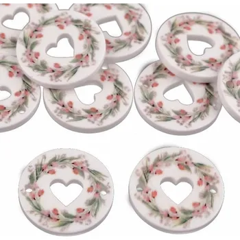 Knoflík Knoflík plastový, 25mm, s výřezem srdce - květy, růžové