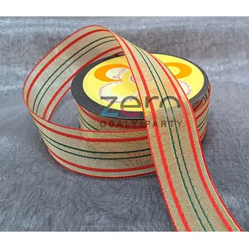 Stuha Stuha tkaná 4 cm x 10 m - zlatá s červenými a zelenými pruhy