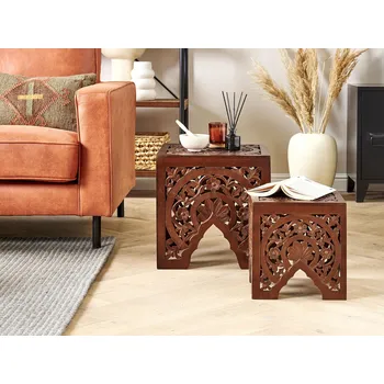 Obývací pokoj Sada 2 odkládacích stolků Noční stolek tmavé dřevo Ručně vyrobené ošuntělý efekt vyřezávaný design rustikální styl Obývací pokoj Ložnice Beliani