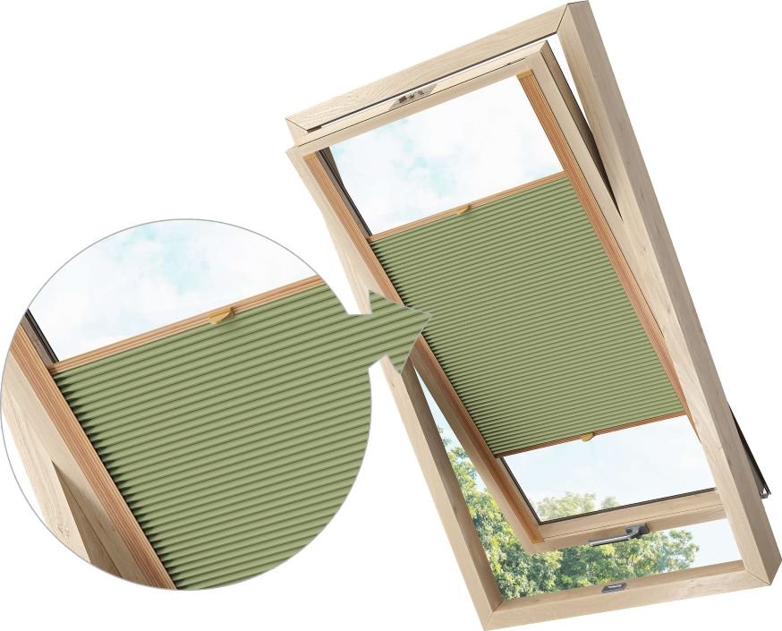 ZEBRA-SHOP Zatemňovací roleta PLISSÉ PRO STŘEŠNÍ OKNO / OLIVOVÁ / PM08 Značka okna: VELUX, Typ-údaj ze štítku: CK04, Barva profilů: borovice