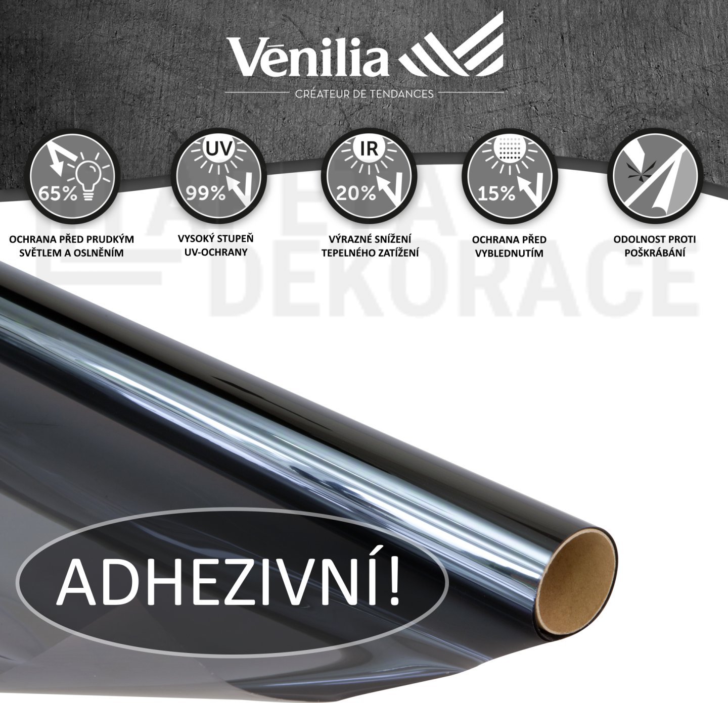 Statická protisluneční fólie na okna tmavá, rozměr 90 cm x 2 m / adhezivní fólie na sklo 53440 Static Black Tinted Venilia