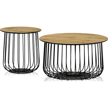 Konferenční stolek Set 2 ks stolků,pr.60x34, pr.37x39 cm, deska MDF, 3D dekor divoký dub, kovová drátěná podnož, černý mat
