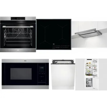 Set domácích spotřebičů AEG BPK742380M + AEG Mastery SenseFry IAE64431FB + AEG DPE5660M + AEG Mastery MSB2547D-M + AEG FSK73607Z + AEG Mastery FlexiShelf SCE818D3LC