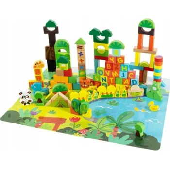 Puzzle Ecotoys Dřevěné vzdělávací kostky s puzzle podložkou | džungle