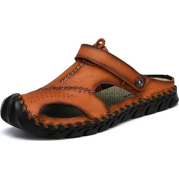 Dámské sandále Pánské kožené pantofle prošívané sandály trekové Barva: Hnědá, Velikost: 47