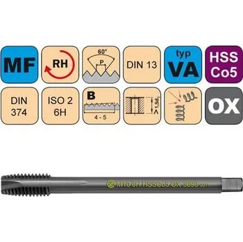 Závitořezný nástroj NÁSTROJE CZ Závitník strojní M8x1 ISO2 HSSCo5 OX DIN 374 B - 3690 - CZZ3690-M8X1-ISO2