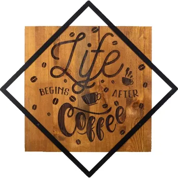 Nástěnná dřevěná dekorace LIFE BEGINS hnědá/černá