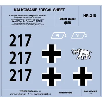 Plastikový model Weikert decals 1/16 TIGER I - Otto Carius '217' Schw. April 1944