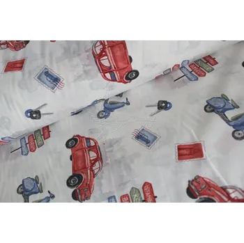 Retro auto - červené - bavlněné plátno de luxe, šíře 240cm