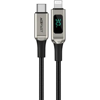 Náhradní díl pro mobilní telefon Nabíjecí a datový kabel 30W (3A) s UKAZATELEM HODNOT ~ AceFast C6-01 ~ USB-C/Lightning 1,2m MFi - Stříbrná
