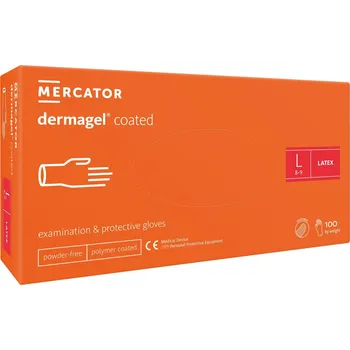 Vyšetřovací rukavice MERCATOR MEDICAL DERMAGEL COATED - Latexové nepudrované rukavice bílé, vnitřní vrstva polymer, 100 ks Velikost: L