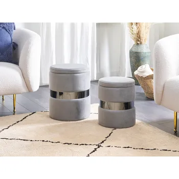 Taburet Sada 2 taburetů s úložným prostorem šedé sametové čalounění taburet v glamour stylu Beliani