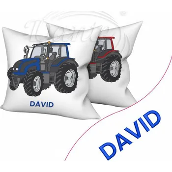 Dekorativní polštářek Dante Povlak Traktor modročervený - výšivka Váš text - 40 x 40 cm