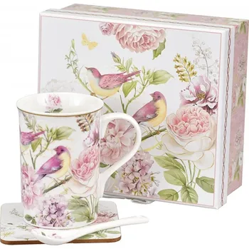 Porcelánový hrnek Birds 300 ml, lžička a podtácek v dárkové krabičce (136656 033 R2005M/N-D473 hrmek+podtalířek)