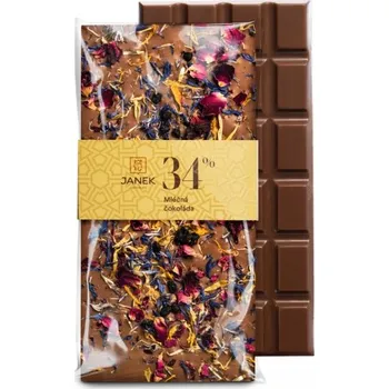 Čokoláda JANEK Mléčná čokoláda bylinková - měsíček, bez černý, chrpa, růže 85 g