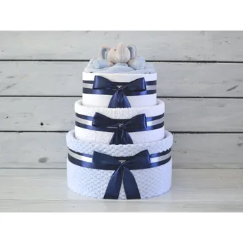 plenkový dort dortNEdort Třípatrový plenkový dort I. zdobený medvídkem nebo sloníkem usínáčkem Modrá deka, tmavě modrá mašle a slon 64_MIM64