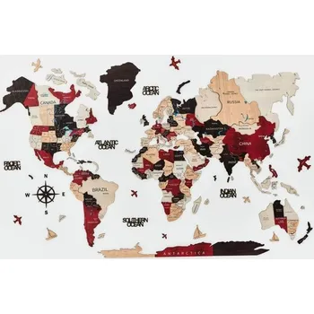 B2B Dřevěná mapa světa na stěnu, 3D Červená, S